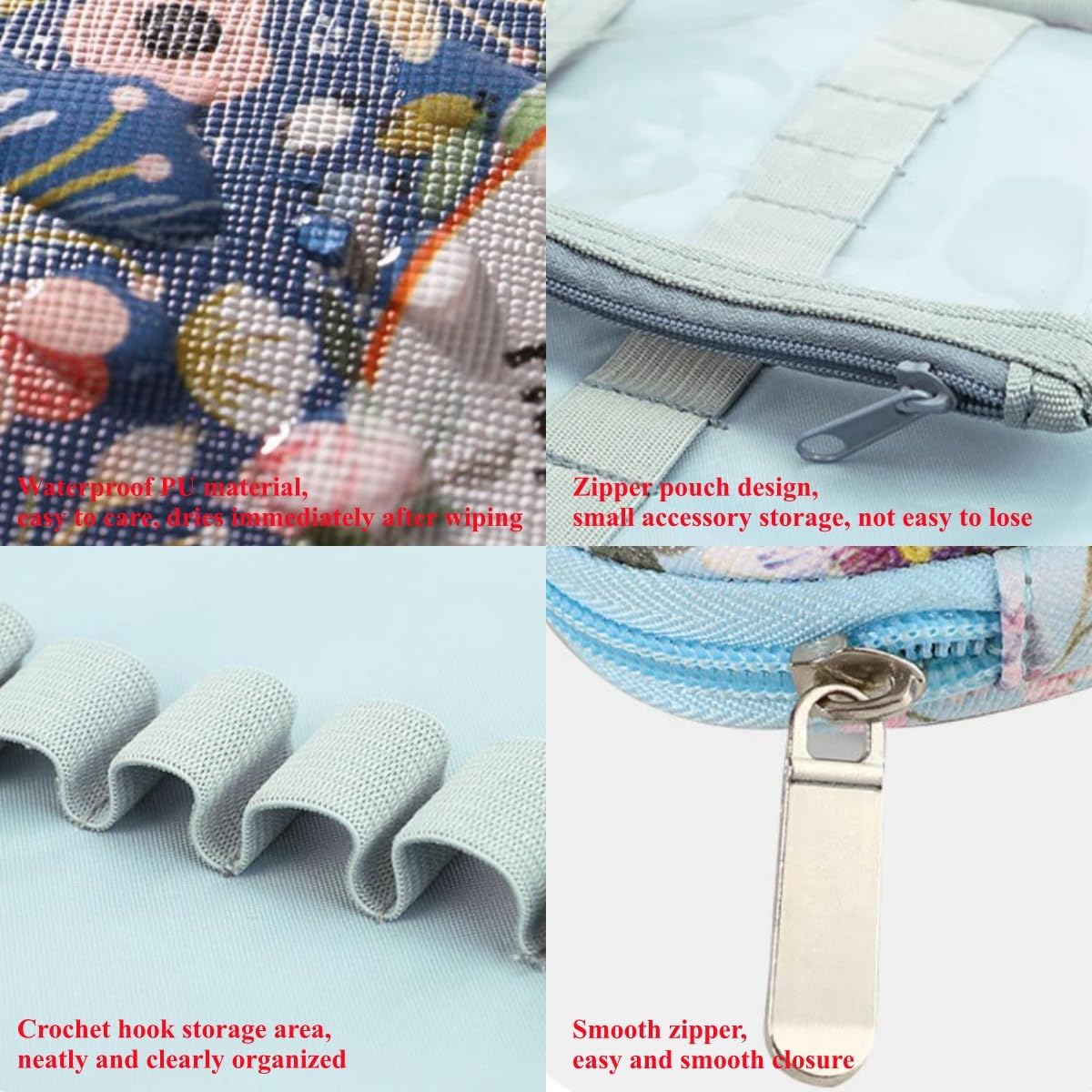 Lotus Yarns Crochet Hook Case, Zipper Storage Organizer Bag with Transparent Pockets for Crochet Needles/Knitting Accessories, Lightweight, Easy to Carry (Blue)