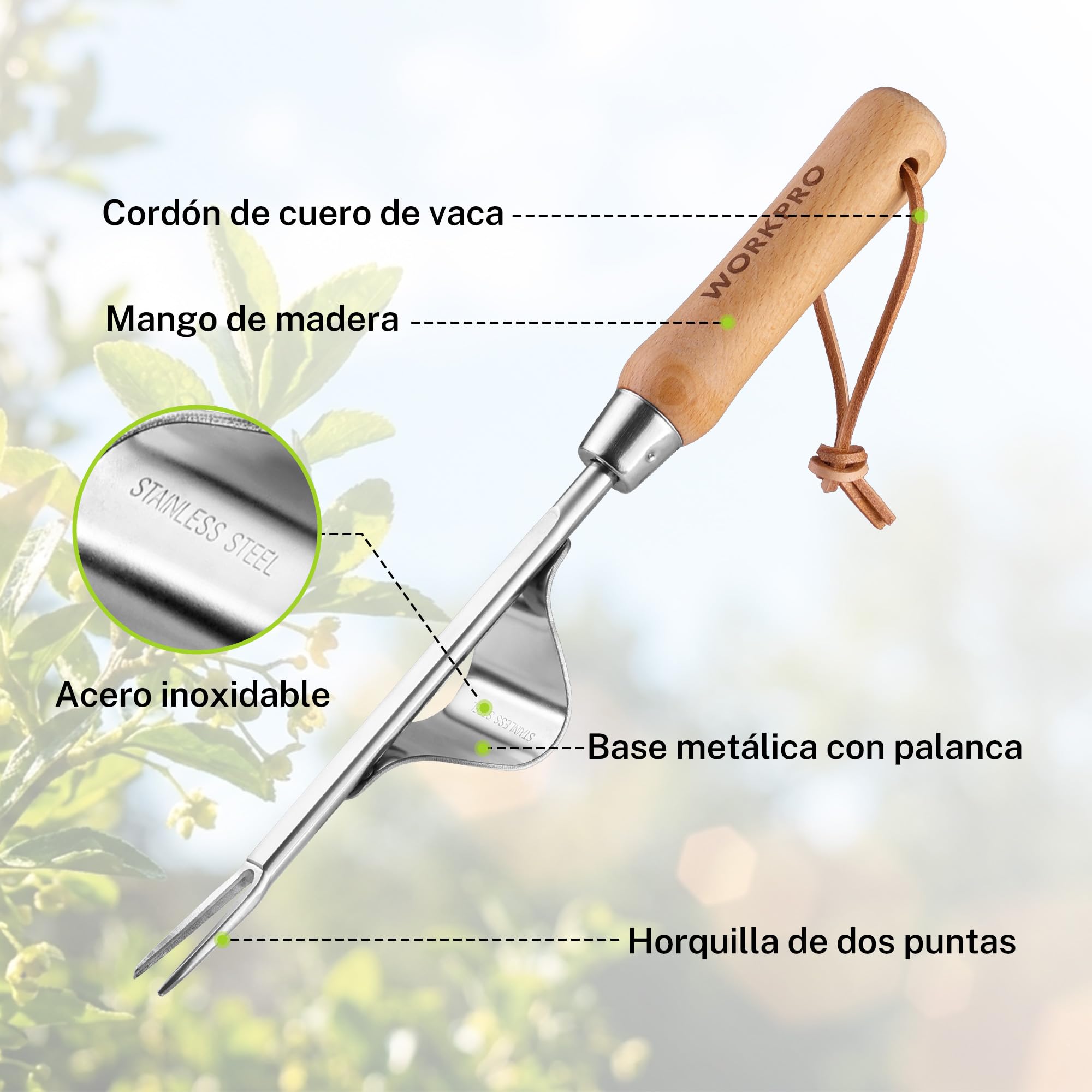 WORKPRO Desherbador Manual de Acero Inoxidable, Extractor de Malas Hierbas con Mango de Madera Ergonómico, Herramienta Quitahierbas para Jardín, para Quitar Dientes de León, Cardos y Otras Malezas