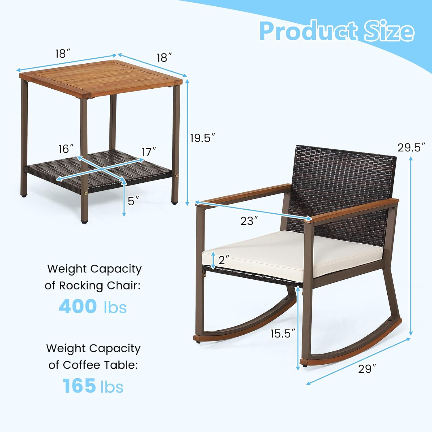 HAPPYGRILL 3 Piece Rocking Bistro Set, Outdoor PE Wicker Rocking Chair with Coffee Table, Soft Seat Cushions Included, Gentle & Smooth Rocking Furniture Set for Yard Porch