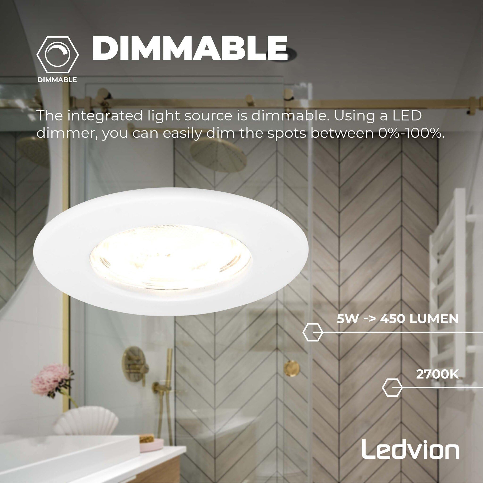 Ledvion - LED Inbouwspot, Wit, Dimbaar, 5W, IP65, CCT, COB