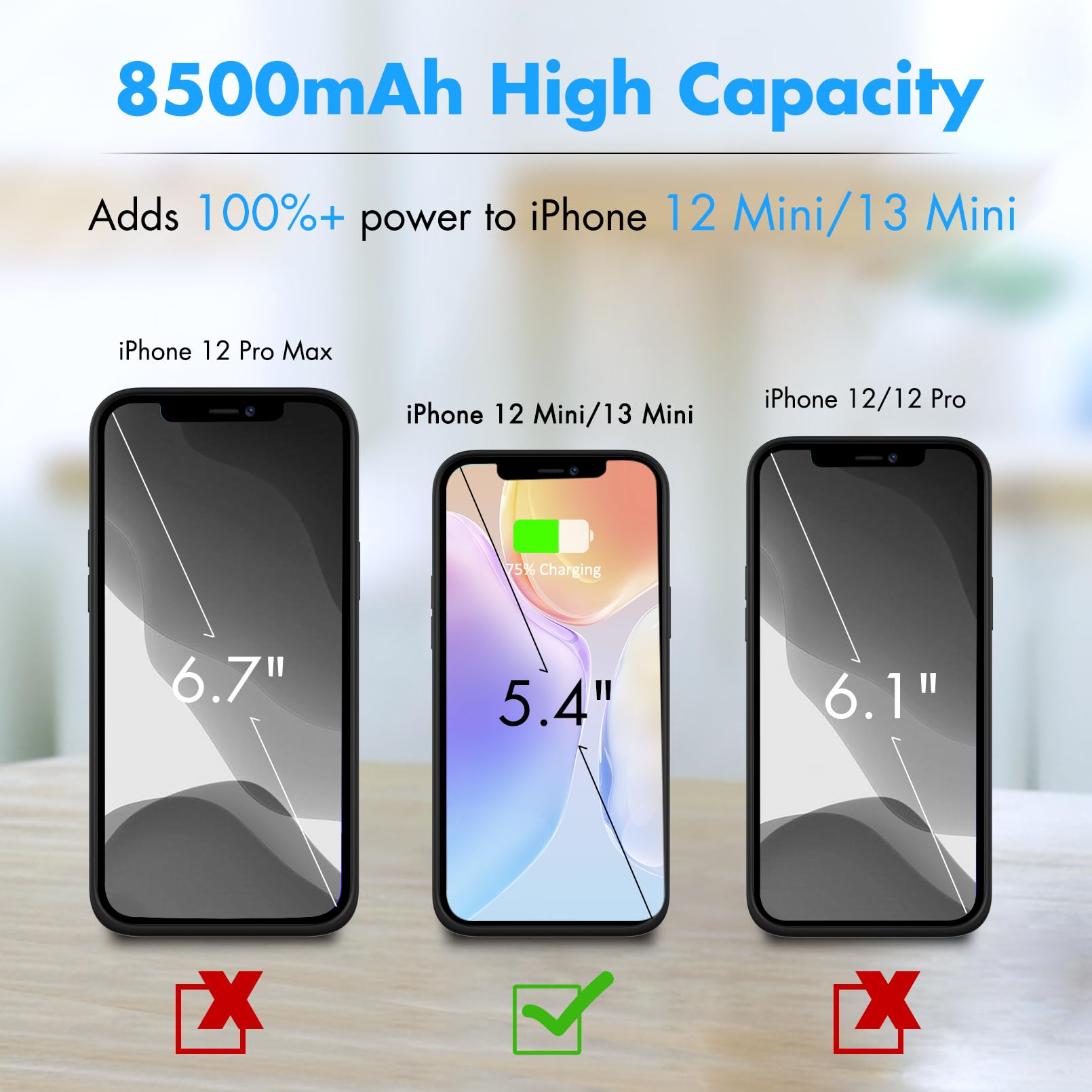 Cover Batteria per iPhone 12 Mini/13 Mini (5.4"), 8500mAh Custodia Batteria Protettiva a 360° con Supporto, Powerbank Ricaricabile ed Espandibile & Film Temperato