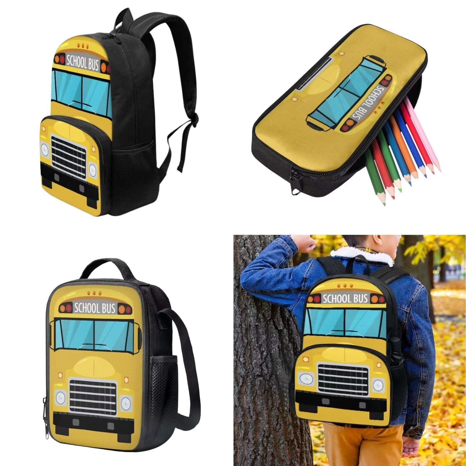 POLERO Juego de 3 bolsas escolares con impresión 3D para el almuerzo, estuche para lápices, Autobús escolar amarillo, Talla única, Mochila infantil