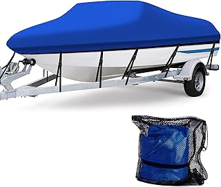 Heavy Duty Marine Grade Polyester Waterproof Boat Cover, All Weather Protection Bass Runabout Boat Cover Fit Fishing Boat, Pro-Style, V-Hull, TRI-Hull