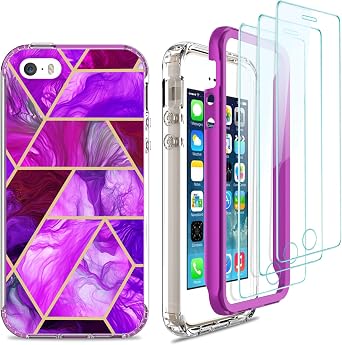 for iPhone SE Case1st gen 2016,iPhone 5S Case with [3X Tempered Glass Screen Protector],Hard PC Bumper + SOFE TPU Shockproof Armor Impact Resistance Hybrid Marble Colorful Case for iPhone 5-Purple