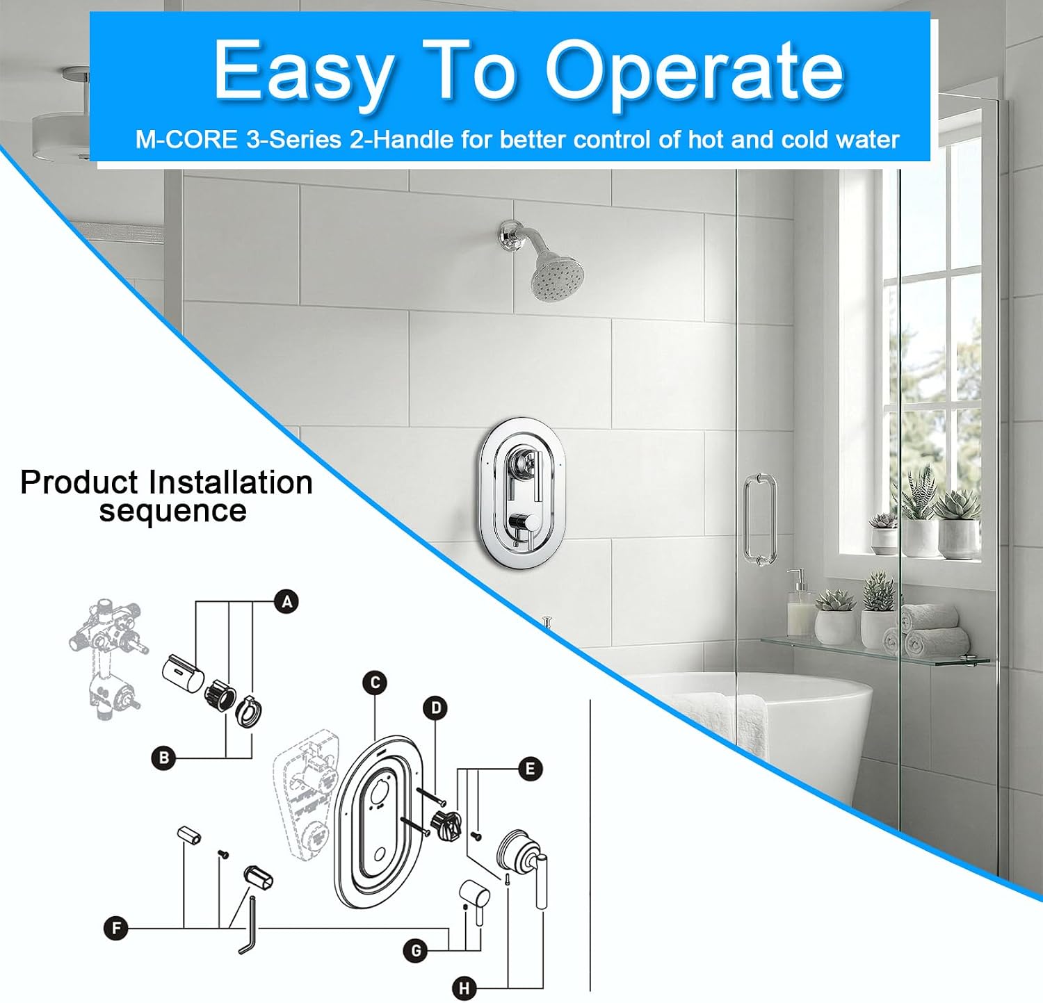 T2900 Chrome Shower Handle 3-Function Transfer Valve Shower Trim Kit, Compatible with Moen T2900 Gibson Posi-Temp Series, Fits 2521, 2551, 2571, 2581 Rough-In Valve (Valve Not Included)