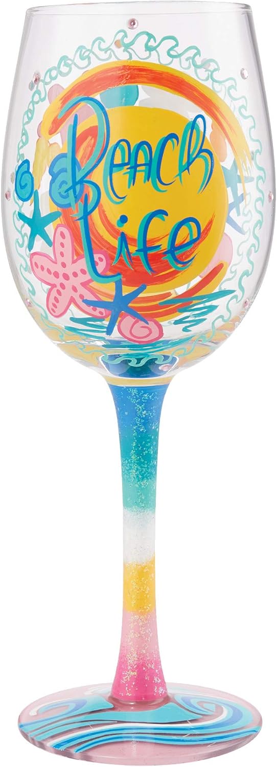 Enesco Designs by Lolita My Heart Leads Me to the Beach Life Artisan Hand-Painted Wine Glass, 15 Ounce, Multicolor