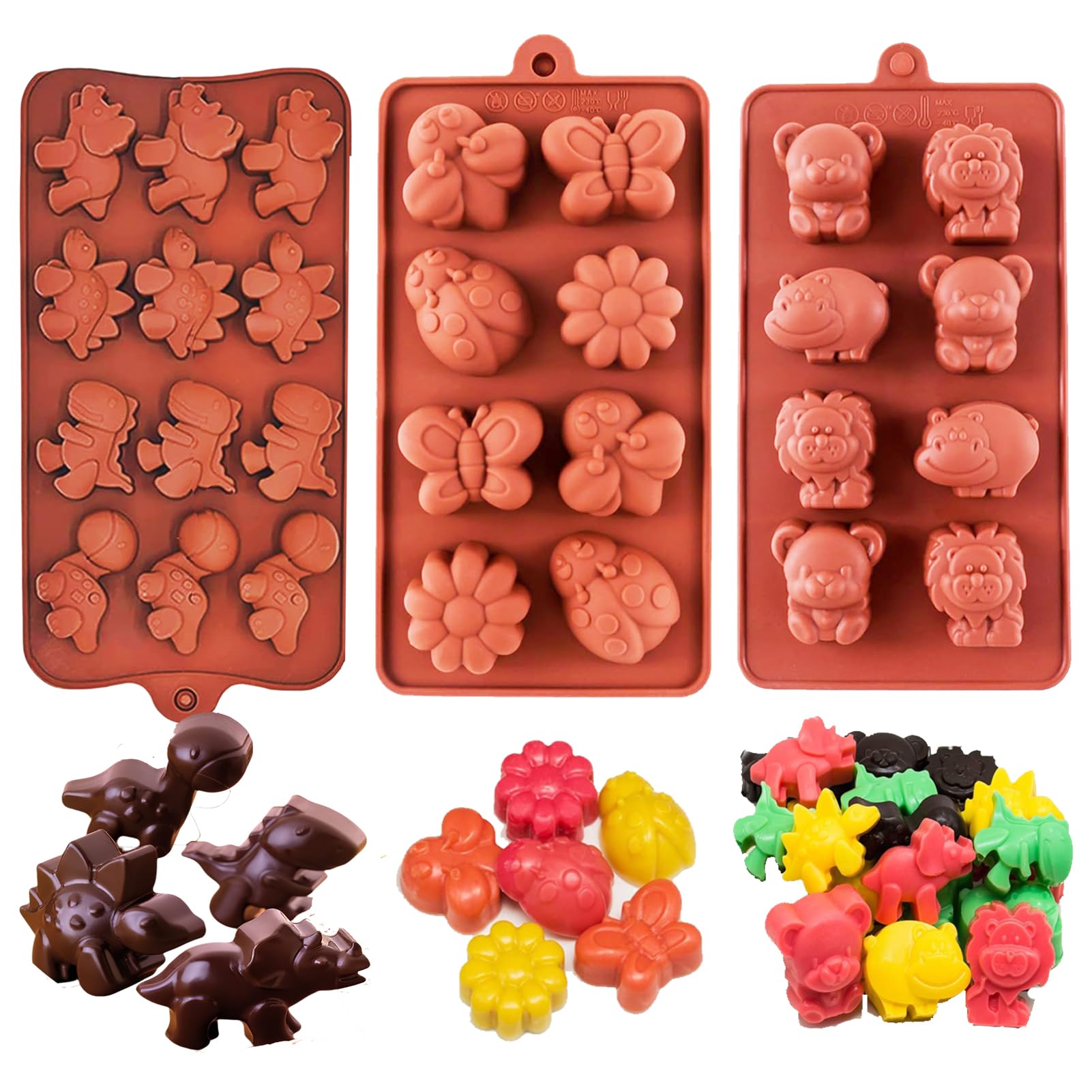 3-Pack Chocolate Molds Silicone(1.8 Inch two-bite size),Animal Silicone Molds,Moldes para gelatinas individuales.Features Bear,Dinosaur,Lion,Hippo,Bees,Ladybugs,Beetles,Butterflies,and Flowers.