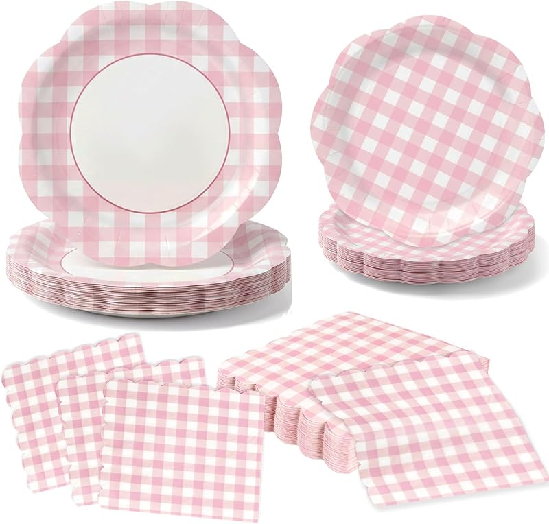 60Pcs Pink Gingham Paper Plates and Napkins Party Supplies for 20 Guests | Scalloped Checkered Dessert Paper Plates and Napkins Disposable Plaid Tableware Set for Birthday Baby Shower Wedding Summer
