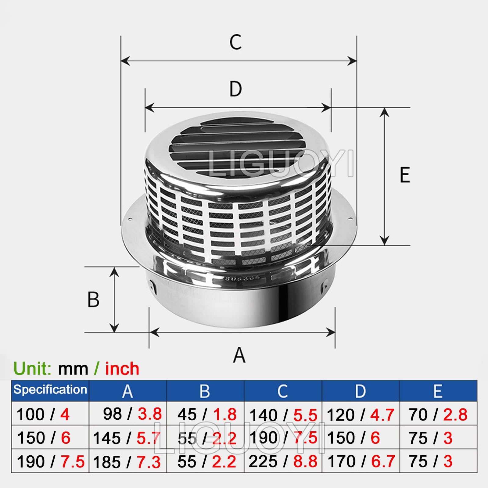 LIGUOYI Grille De Ventilation, Cylindrique, Sortie D'évacuation en Acier Inoxydable 100mm 150mm 190mm Mural Bouches D'aération, Grandvolume d'air Grille D’aération avec Moustiquaire