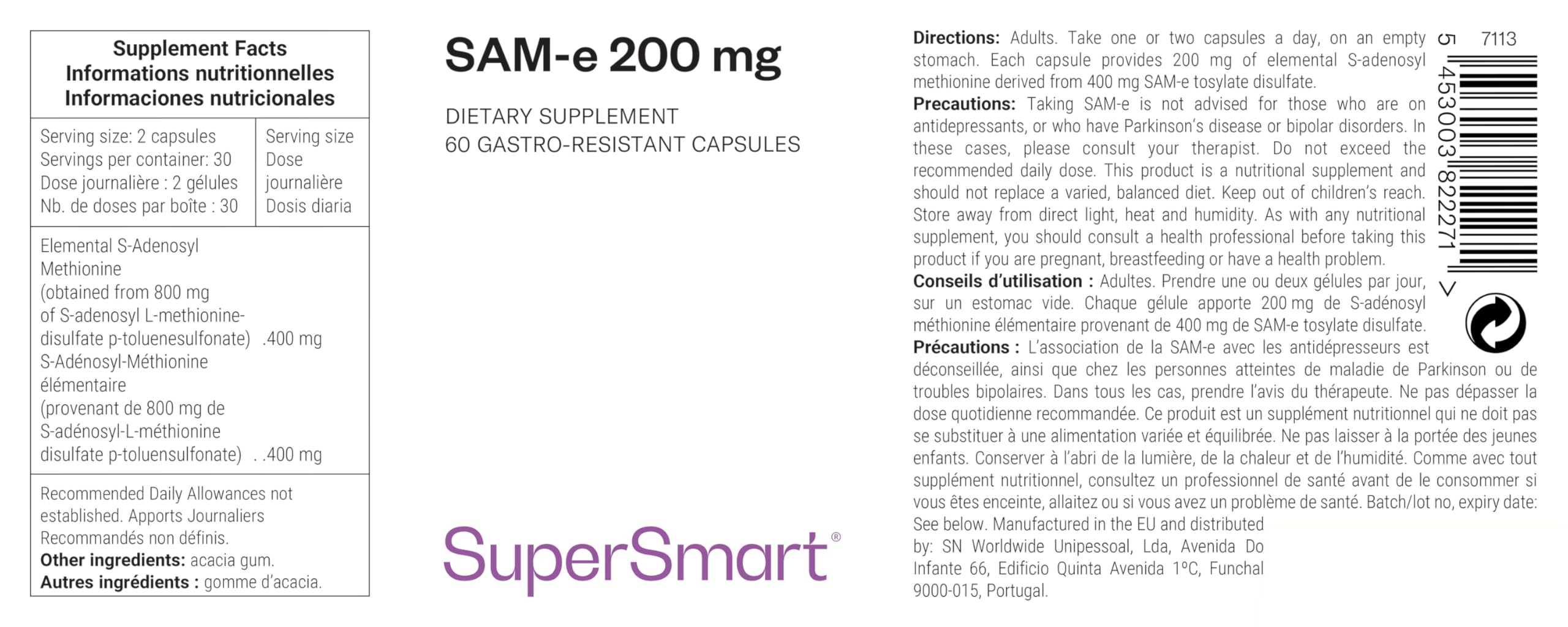 S-adenosil-metionina elementare (SAM-E) 200mg - Senza OGM - SuperSmart | Lotta contro i disturbi dell'umore - Benessere emotivo - Antinfiammatorio - Vegano - Senza glutine