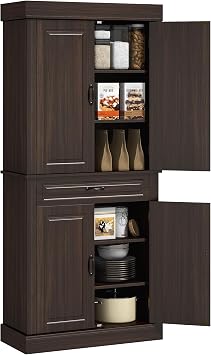 HOMCOM 71" Freestanding Kitchen Pantry Cabinet 4 Doors Coffee | Tall Storage Cabinet, Drawer, for Dining Room