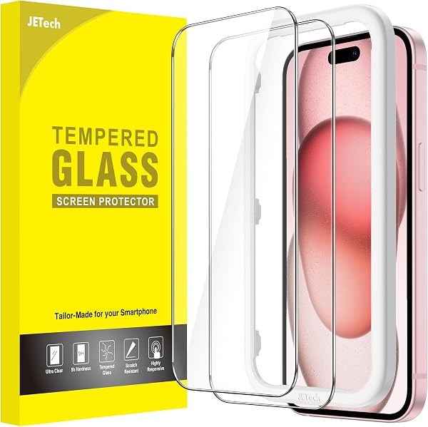 JETech Protection D'écran pour iPhone 15 6,1 Pouces, Sans Bulle, Film en Verre Trempé avec Outil d'Installation Facile, Compatible Coque, Transparent HD, Lot de 2 - 1