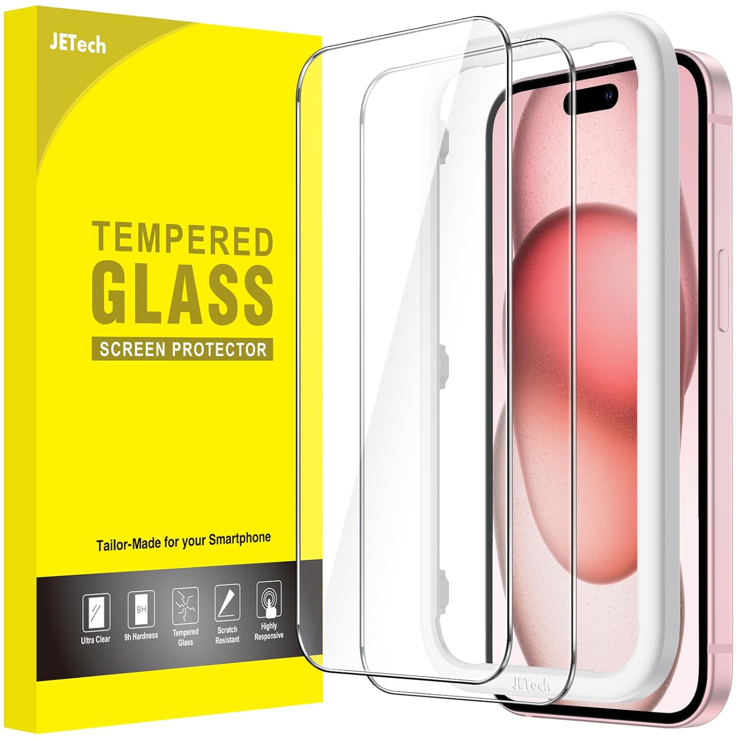 JETech Screen Protector for iPhone 15 6.1-Inch, Bubble Free, Tempered Glass Film with Easy Installation Tool, Case-Friendly, HD Clear, 2-Pack