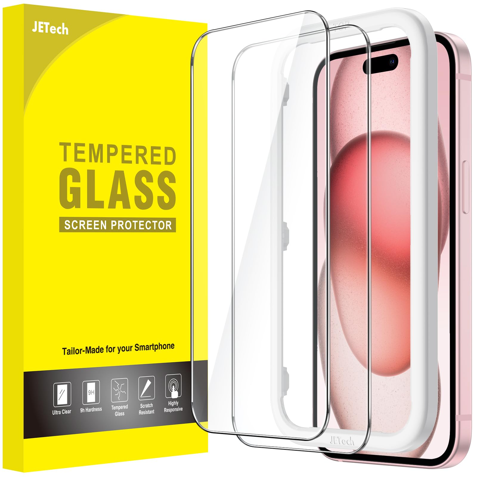 2x Vetro Temperato Per IPhone 15 6,1″ Con Protezione Fotocamera E Kit Di Installazione – JETech HD Chiaro