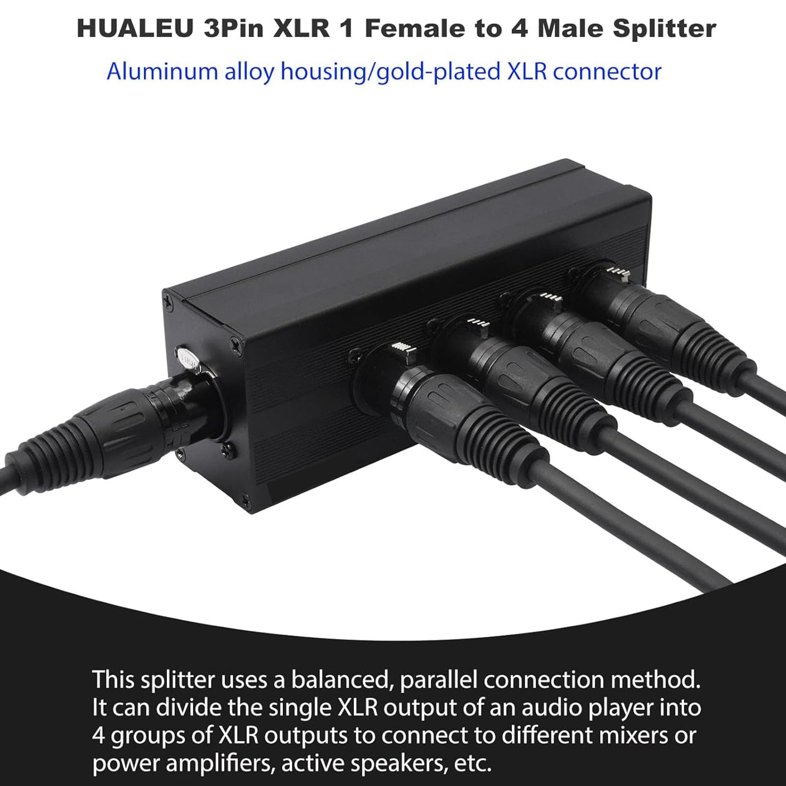 Boîtier Répartiteur XLR, Distributeur de Signal équilibré 1x4 XLR Femelle vers Mâle, Boîtier en Alliage D'aluminium et Contacts Plaqués or, pour Système de Sonorisation de