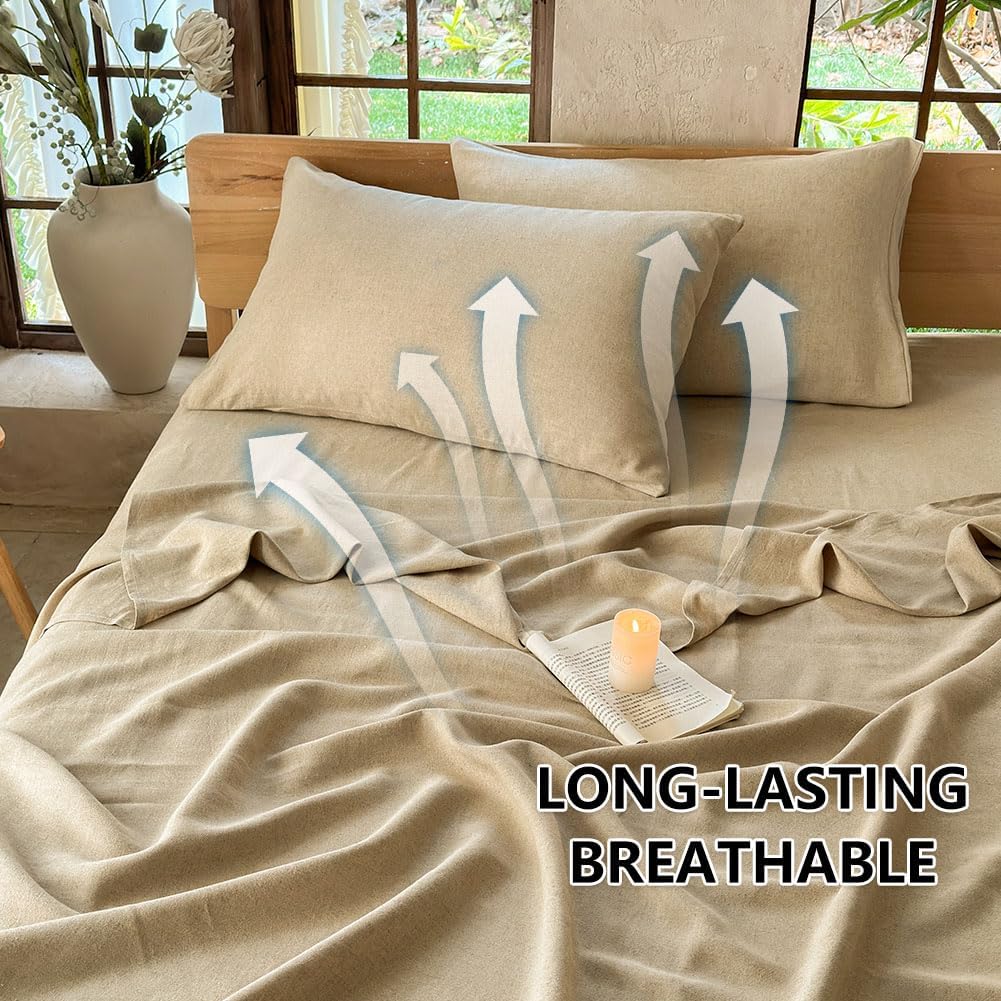 100% French Linen Sheets Queen Size, 4 Piece Pure Linen Bed Sheet Set, Breathable, Cooling & Durable, Soft Washed Natural Flax Bedding with 16 Inch Deep Pocket, All Season Use(Queen, Linen)