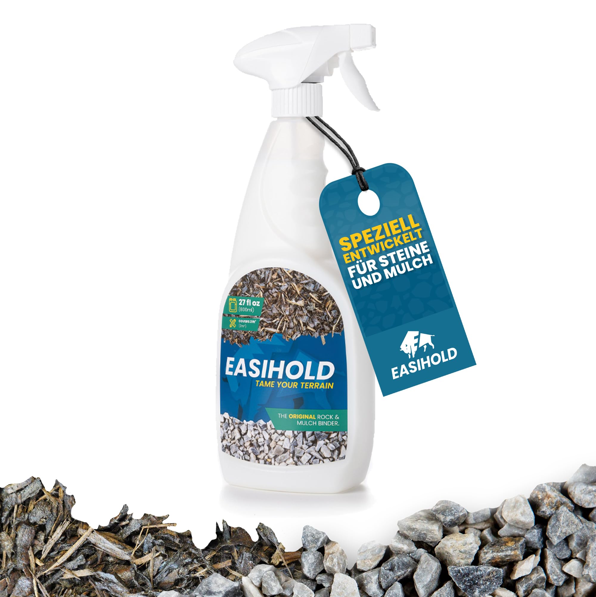 vuba EASIHOLD HandySpray Mulch- und Steinkleber für die Landschaftsgestaltung und Stabilisierung von Mulch, Stein und Erbskies mit praktischem Applikator, hält bis zu 3 Jahre, ungiftig