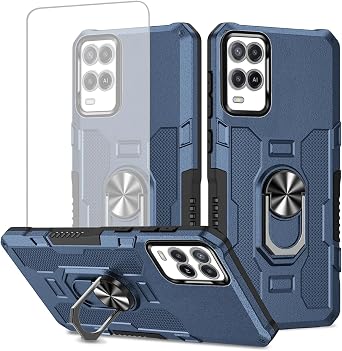 Case for Oppo A54 4G Case, Oppo A55 Case with Tempered Glass Screen Protector, Heavy Duty Protection with Metal Ring Magnetic Kickstand Phone Cover for Oppo A54 4G Blue