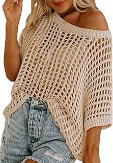 Womens Knit Cover Ups Summer Off Shoulder Scoop Neck 3/4 Sleeve Beach Tops Casual Crochet Hollow Out Pullover Shirts - Buy now
