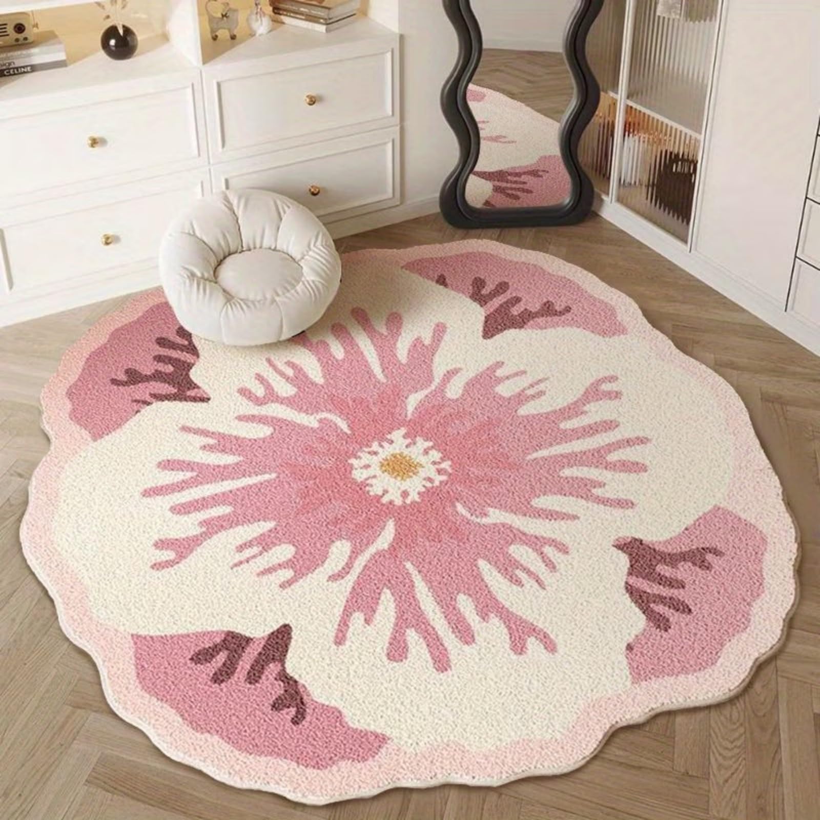 WAOTMN Floral Round Rug,200cm,Machine Washable Non-Slip Flower-Shaped Rug,Soft Low Pile Irregular Circle Carpet, White Pink Floral Circular Area Rugs for Living Room Bedroom Indoor Mat