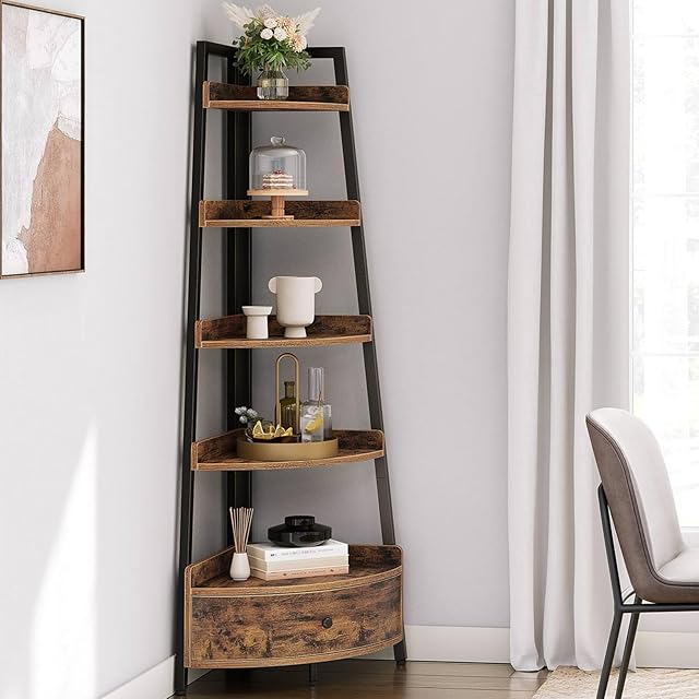 Seventable Corner Shelf 5-Tier, 68.9 Tall Corner Bookshelf with Drawer, Free Standing Storage Rack, Plant Stand for Living Room, Home Office, Kitchen, Small Space, Rustic Brown