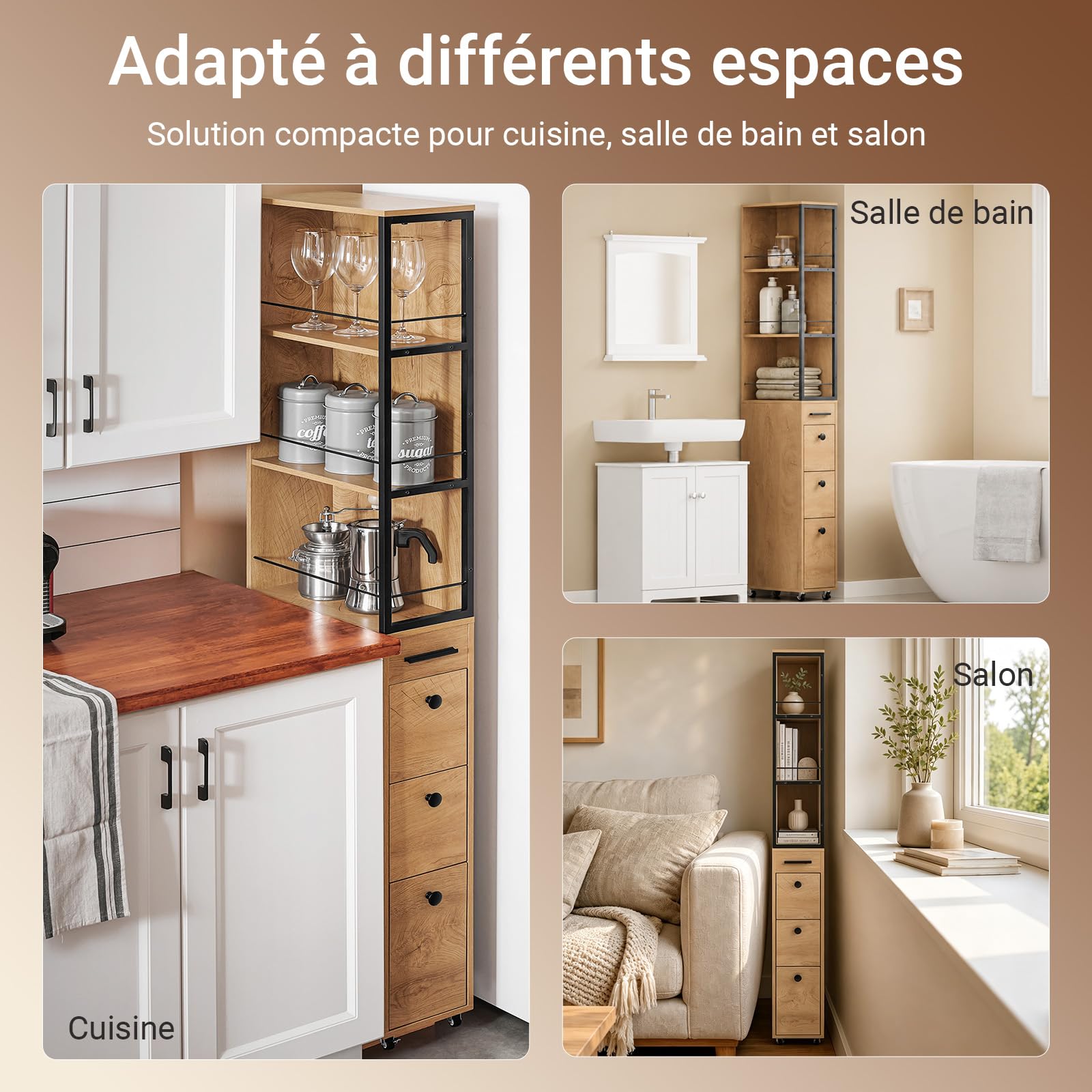 SoBuy Chariot de Rangement à 4 roulettes, 20cm, 40x20x170cm, Petite Cuisine | Desserte Cuisine et Salle de Bain Multi-Usage, 3 tiroirs, 3 tablettes et barres antichute, PB+MDF, NSR13-N