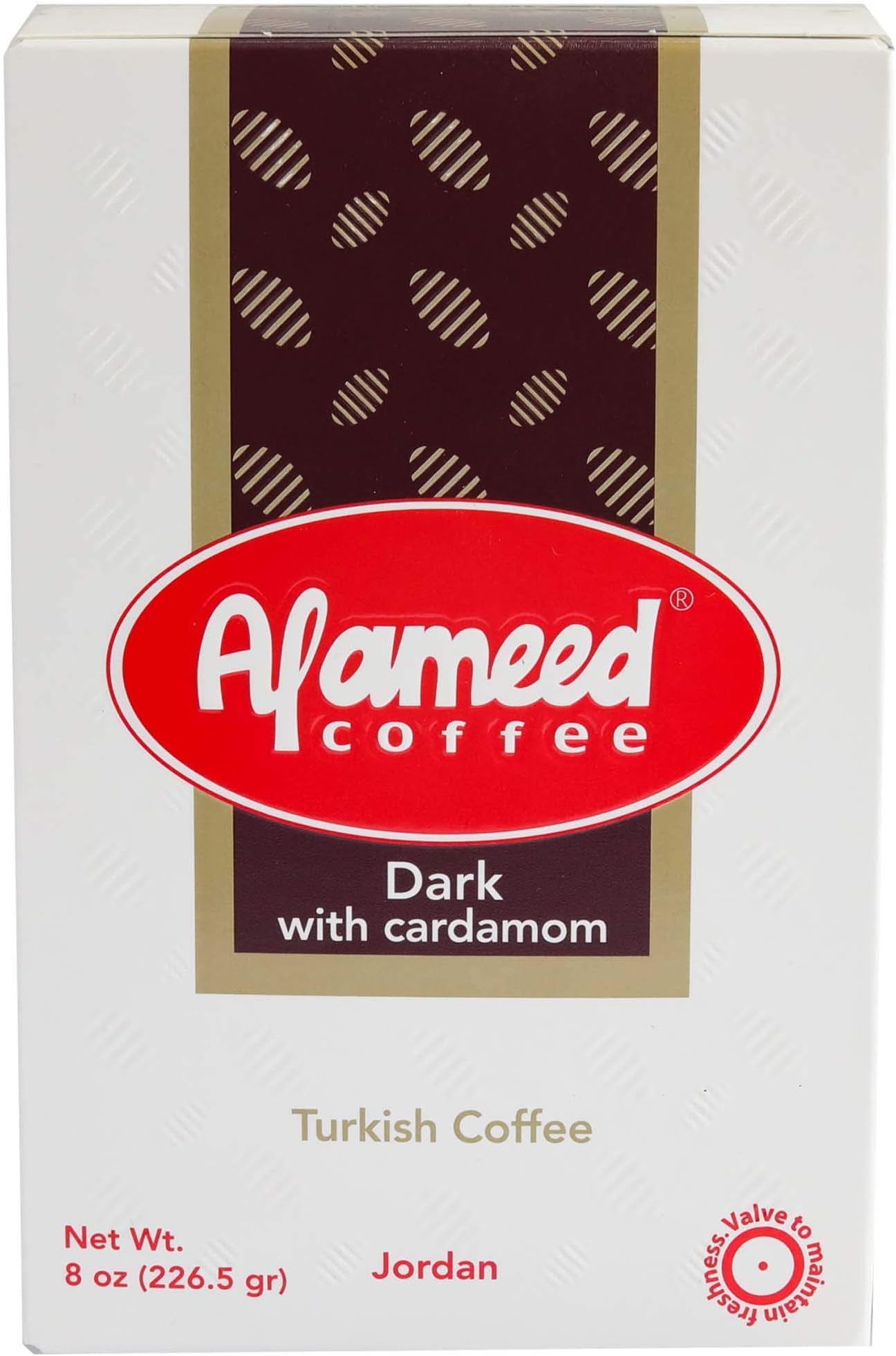 Al Ameed Turkish Ground Coffee DARK Roast with Cardamom (8 oz/226.5g) 100% Authentic Arabica, Fresh & Finely Ground