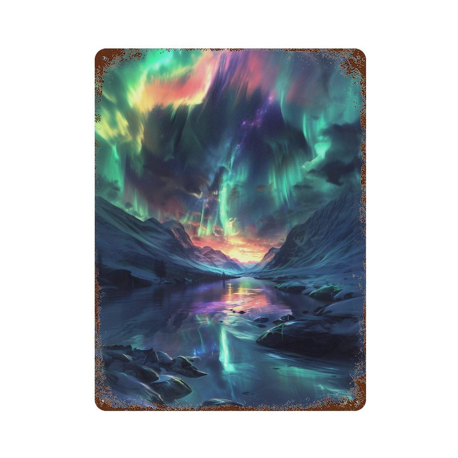 Colorful Aurora Reflections Rust Effect Tin Sign 15.7"x11.8", Industrial Home Decor for Basement, Hobby Room And Garage Decor