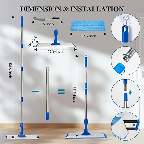 Miniatura 3 de HONOVA Trapeador de microfibra de 17.5 pulgadas para limpieza de suelos, trapeador plano azul con mango de acero inoxidable de 58 pulgadas, 4