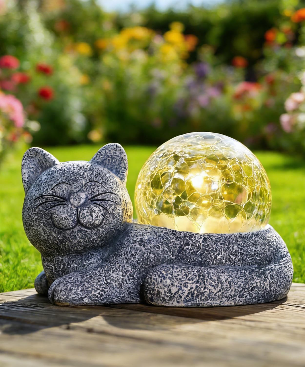 Statue de jardin solaire chat avec figurine LED en verre craquelé et plantes succulentes étanches