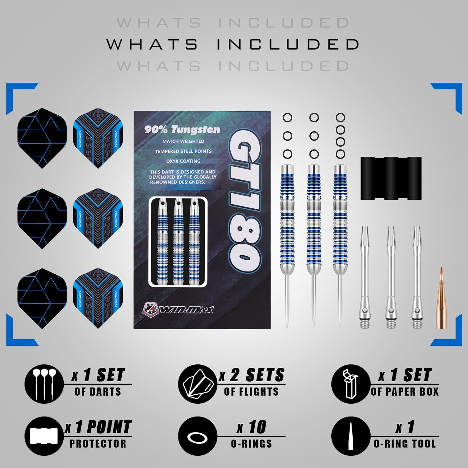 WIN.MAX Darts Metal Tip Set - 90% Tungsten Steel Tip Darts Set Professional 20/22/23/24/26/28 Grams Pro Dart Set with Extra 3 Flights