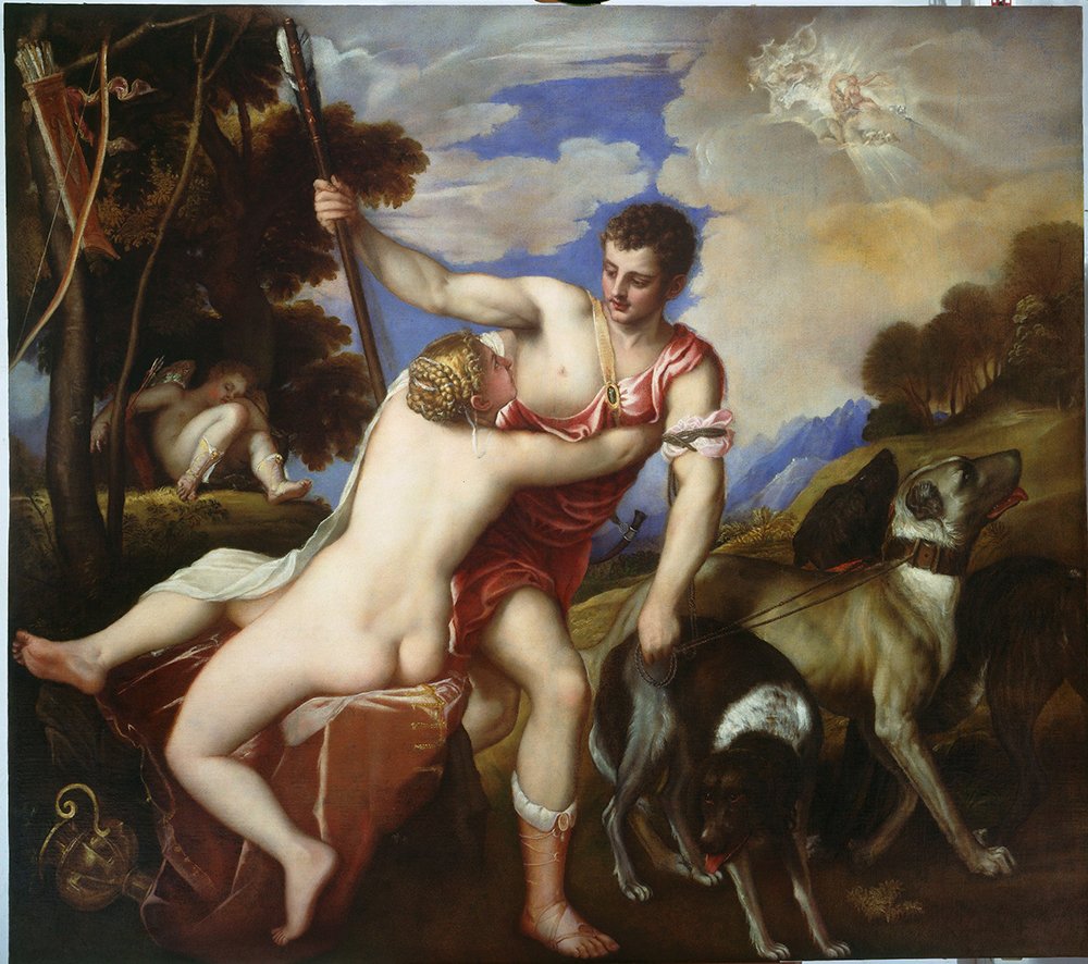Cuadro de Tiziano Venus y Adonis, reproducción brillante mate con marco negro