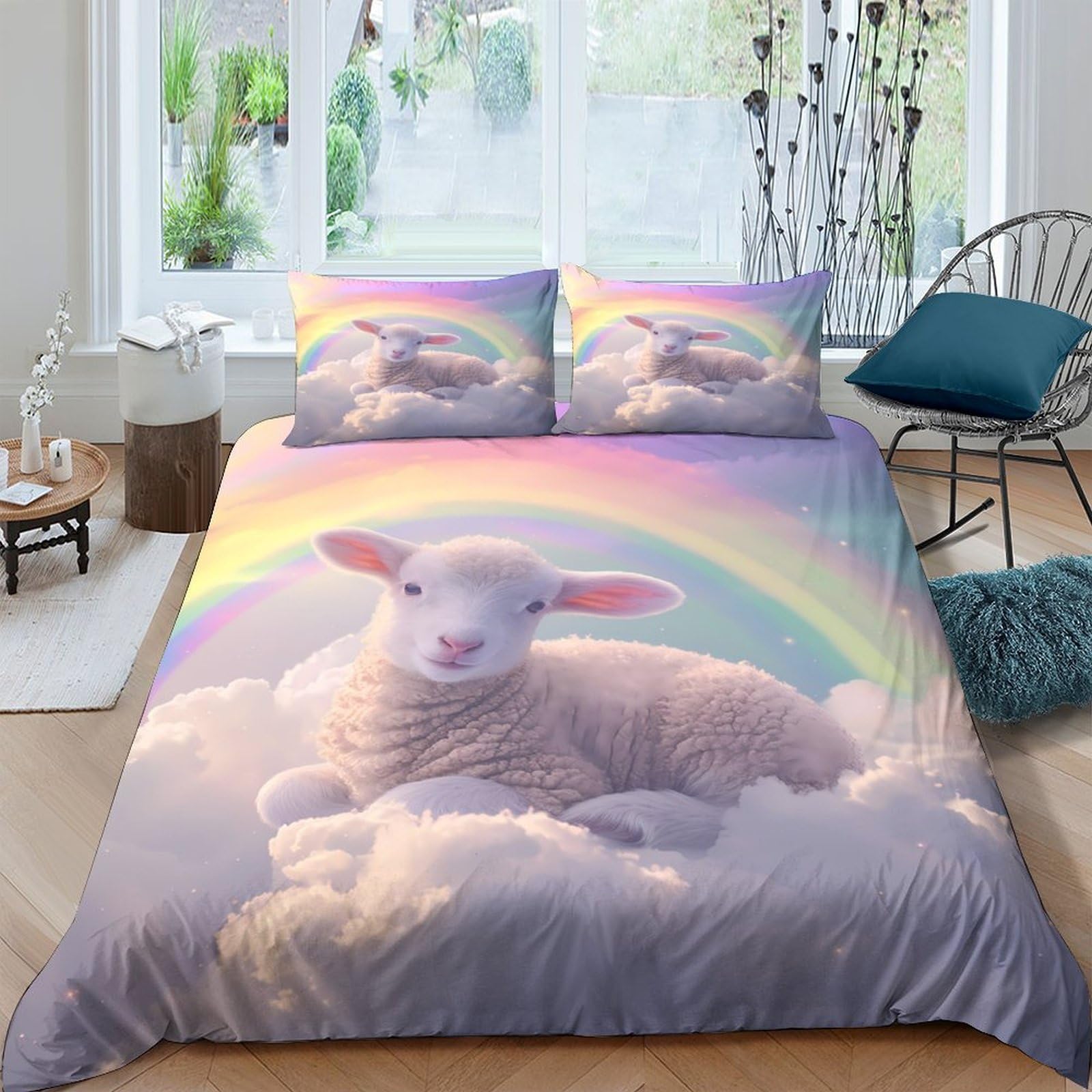 Ctjqhvkz Style-7 3D Printed Rainbow Cloud Fitted Sheet Microfiber Soft Lamb Bed Cover For Bedroom Guest Room Mattress Decor Single（135X200cm）