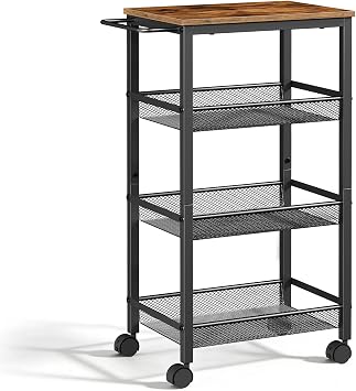HOOBRO 4-Tier Kitchen Trolley, 28.5 cm Narrow Rolling Trolley with Wheels, Narrow Storage Trolley, Bar Cart, for Kitchen, Lounge, Dining Room, Bathroom, Rustic Brown and Black EBF72TC01