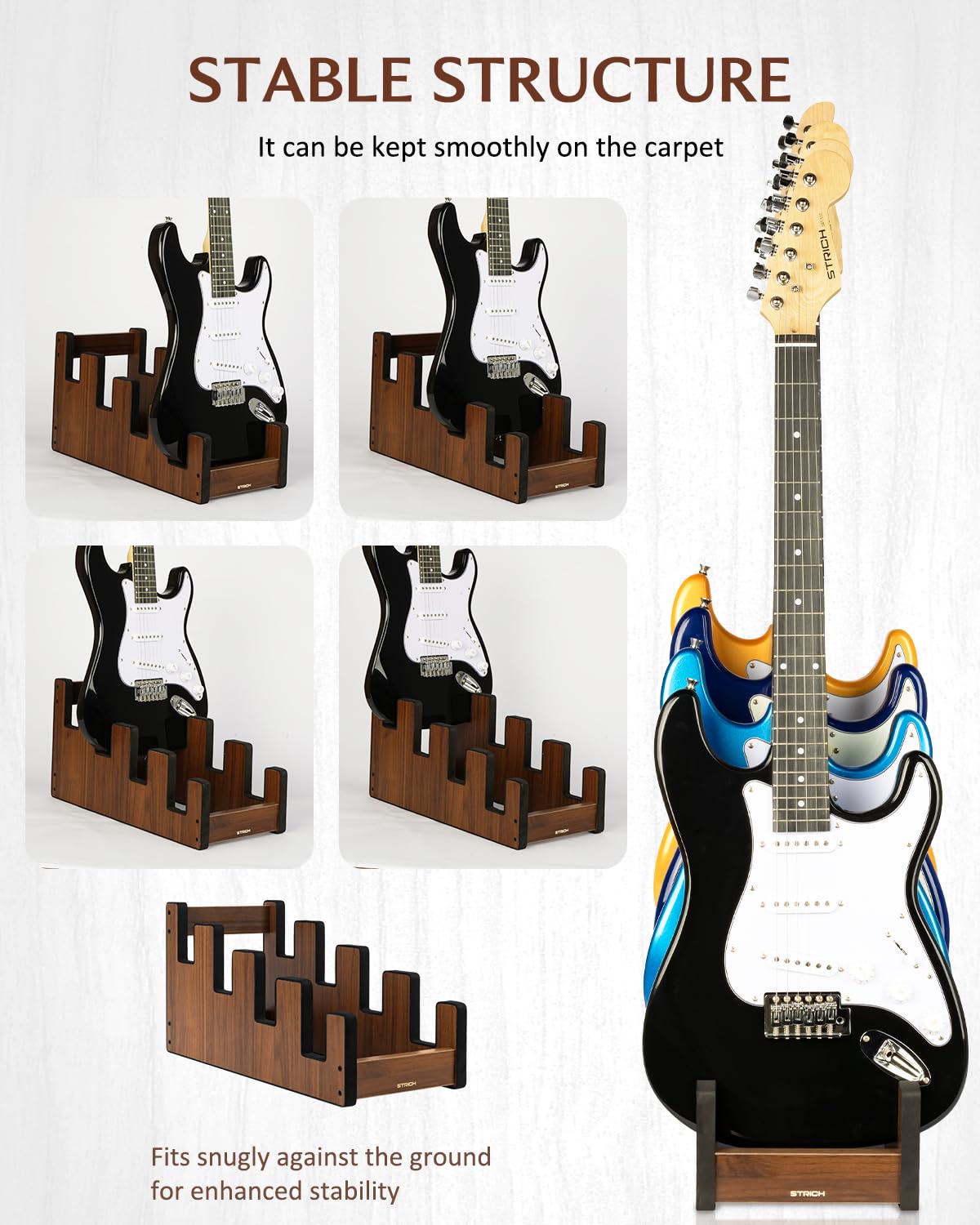 STRICH Support De Guitare En Bois Pour Plusieurs Guitares, Couleur Noyer, L-4EW (Pour 4 Guitares Électriques/Basses