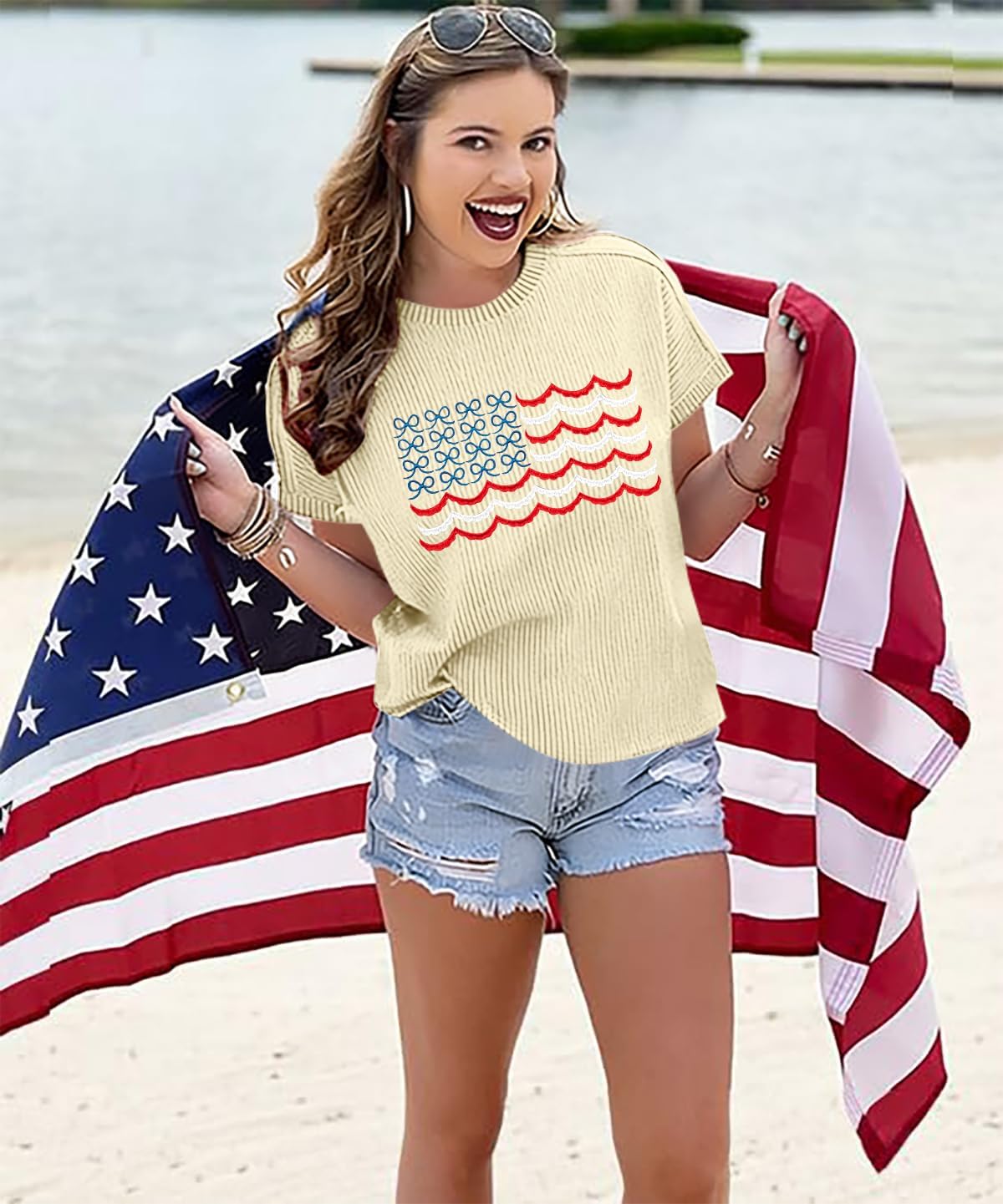 VILOVE 250 Anniversary USA Shirt Women Chenille American Flag Graphic Shirts 4th of July Patriotic Short Sleeve Stripe Tops