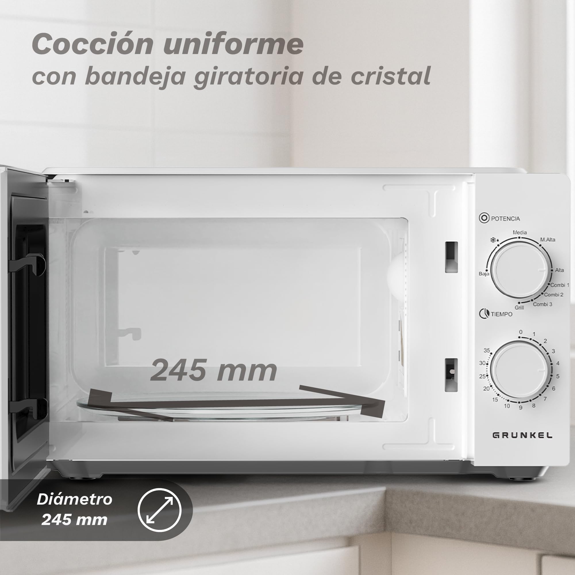 Kuchenka mikrofalowa z grillem, 20-25 litrów, 700 W + 900 W lub 850 W +1000 W, 5 poziomów mocy, 3 tryby kombinowane, timer 30 min (700-900 W 20 litrów)