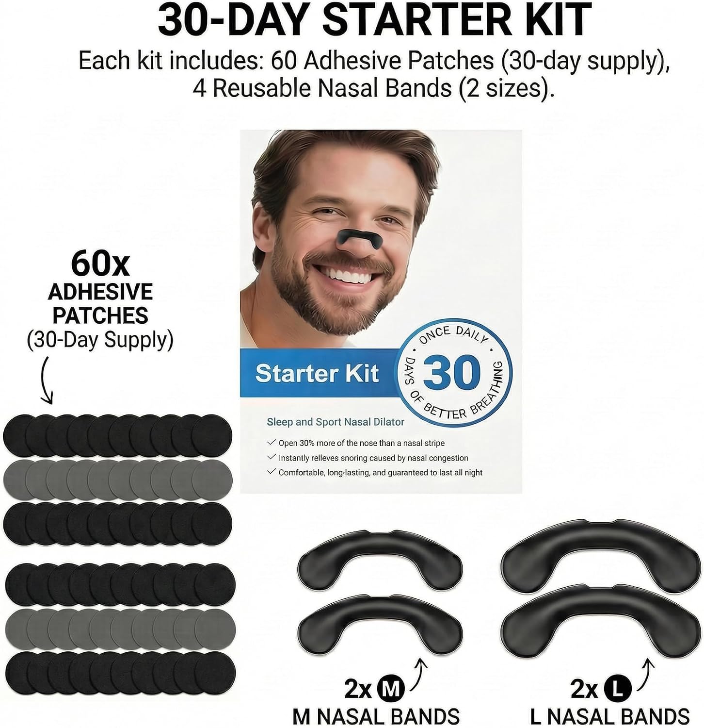 Non-Magnetic Nasal Bands to Help Reduce Snoring, Professional Reusable Nose Dilator and Airflow Opener for Sleep and Sport, Includes 30-Day Supply of Adhesive Patches and 2 Sizes of Bands (Black)