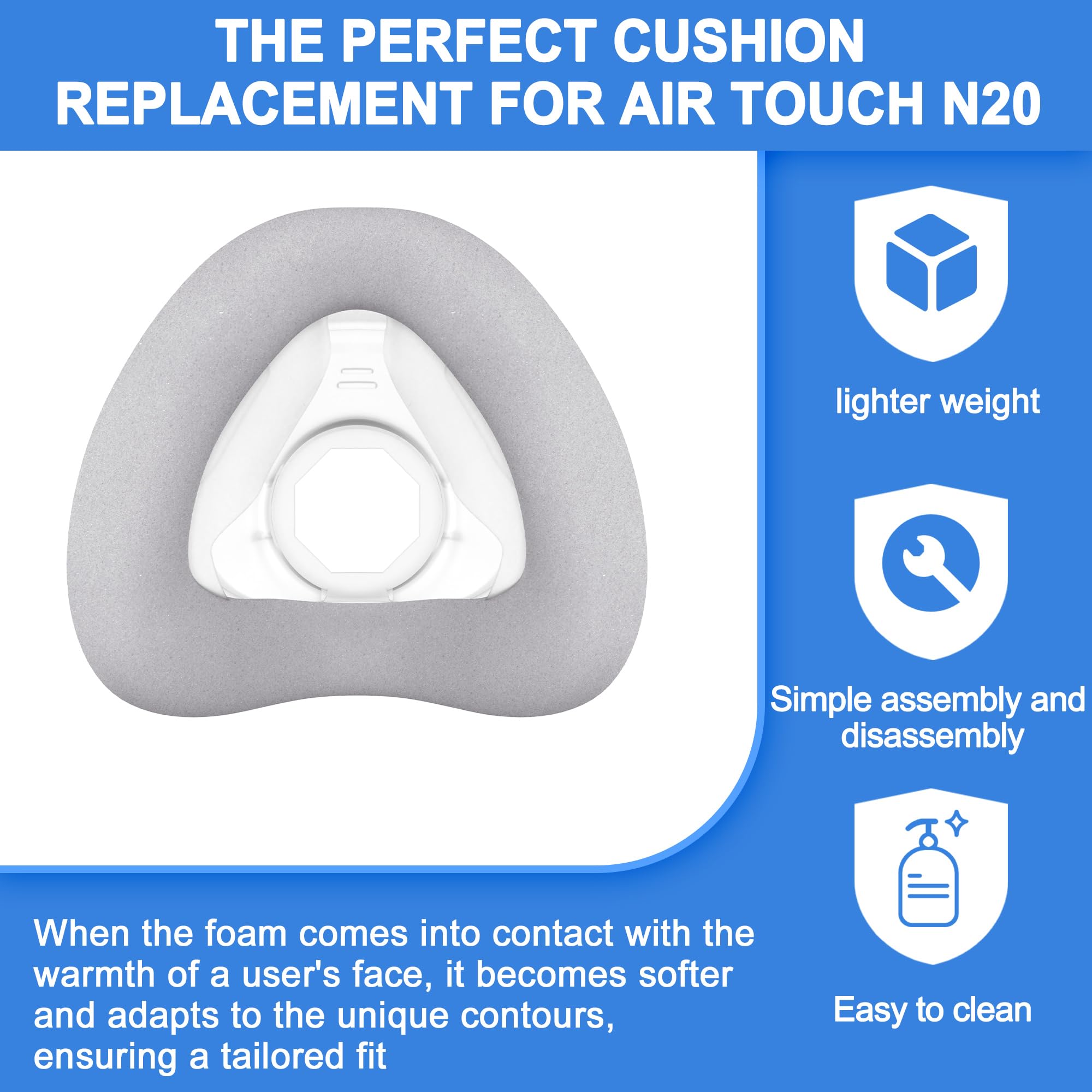 2 Paquets de Coussin de Remplacement (M) pour AirTouch N20 & Airfit N20, Confort Optimisé et étanchéité Grâce à la Mousse à Mémoire de Forme (Nouvelle Version), Accessoires CPAP de BlessEase (M)