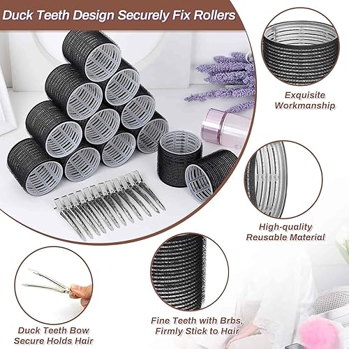 Miniatura 4 de Juego de 24 rulos jumbo con 12 rodillos grandes y 12 pinzas para el cabello para un volumen largo y mediano (negro)