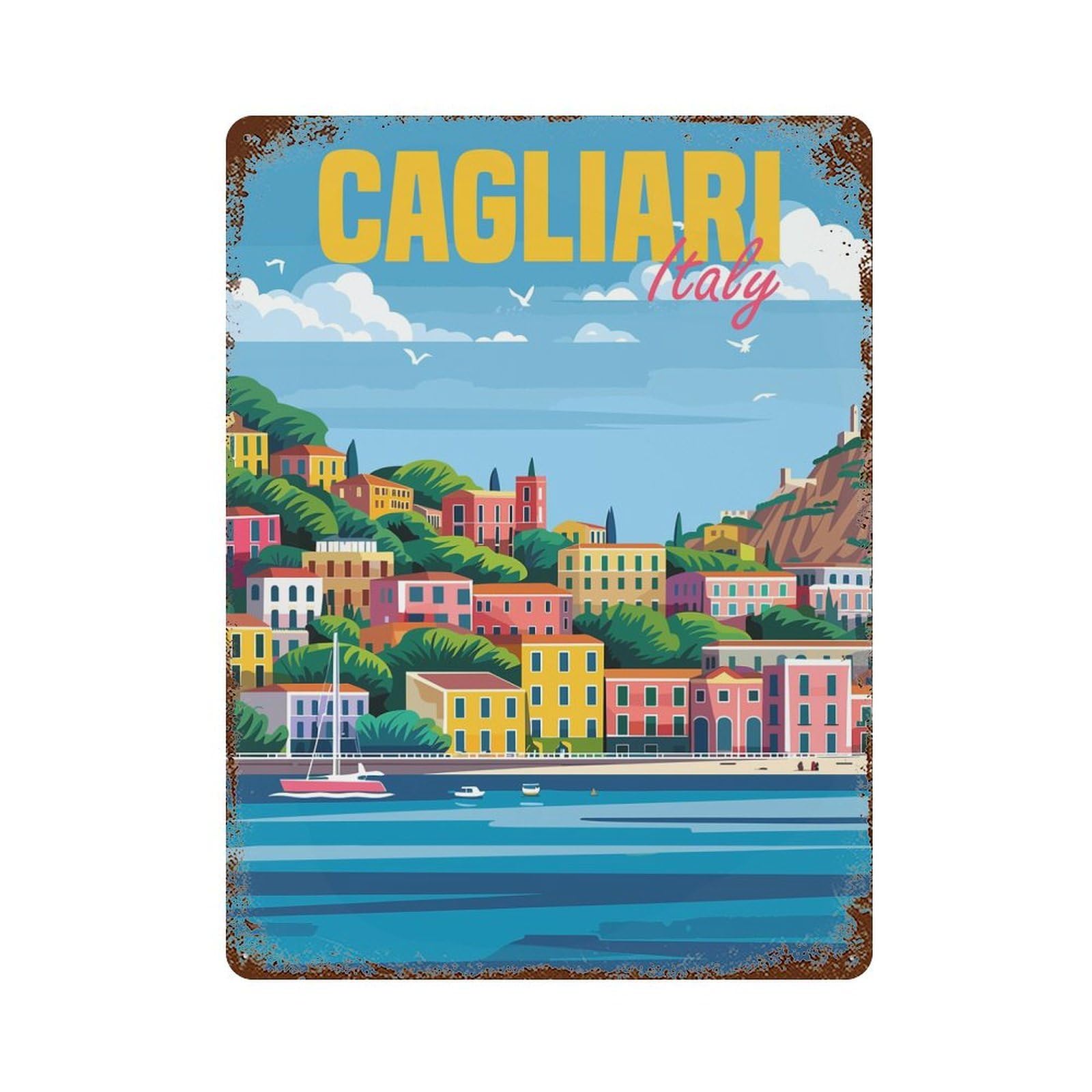 Cagliari Italy Weathered Tin Sign 15.7"x11.8", Vintage Wall Decor for Garage, Pub Or Kitchen