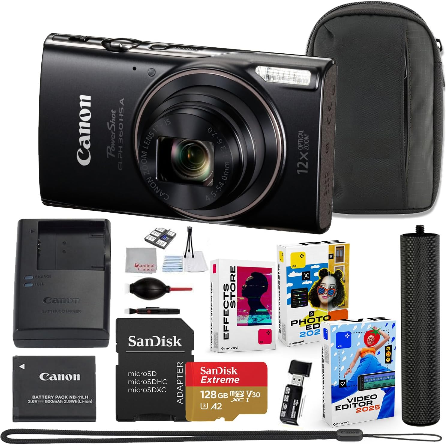 PowerShot ELPH 360 HS A Digital Camera Bundle (Black) + Accessory Package Including Sandisk 128GB Extreme Micro Card, Grip, Pouch & Photo/Video Editing Software Package (16 Items)