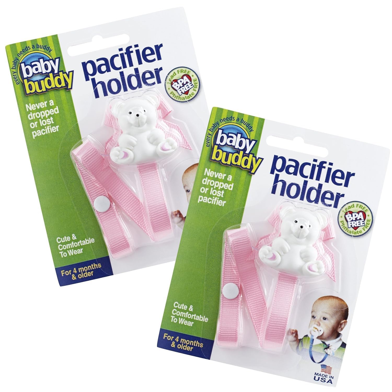 Baby Buddy Pacifier Clip Holder, Newborn Essential with Universal Fit for all Binky and Teether Brands, Ages 4+ Months, Light Pink, 2 Pack