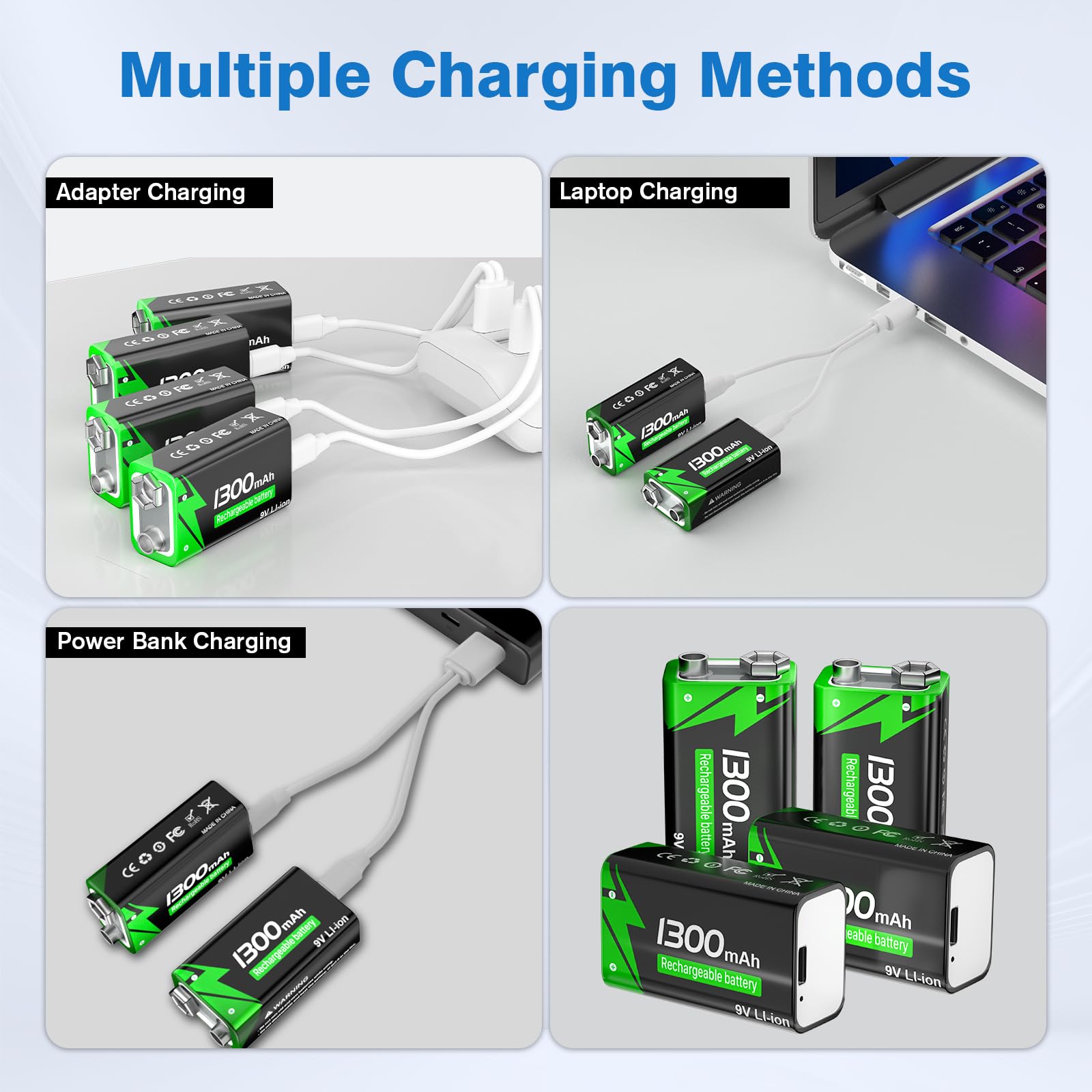 Batería recargable de 9 V, 1300 mAh de iones de litio con cable de carga rápida USB-C, ideal para detectores de humo, alarmas, micrófono, multímetro, etc. (6 unidades)
