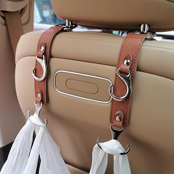 Car Headrest Hook Faux Leather Hanger Purse Bag Holder Purse Hook | 3-in-1 design, 50lb capacity, alloy buckle, fits most cars. Holds bags, groceries, umbrellas. easy stall, for front & back