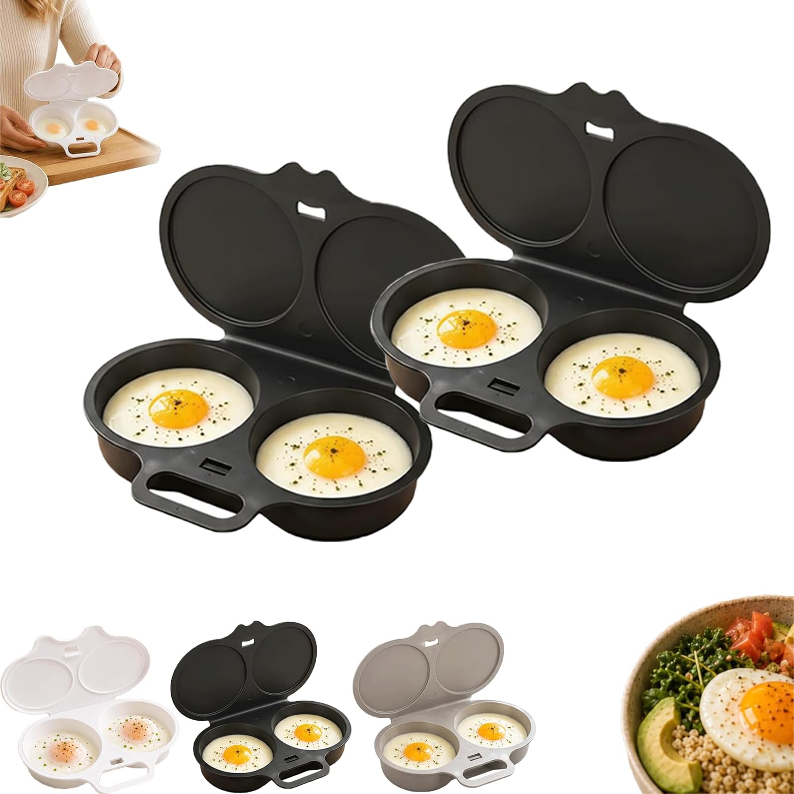 Dual Cavity Microwave Egg Poacher 2 Eggs, Egg Poacher Microwave，2pc Black