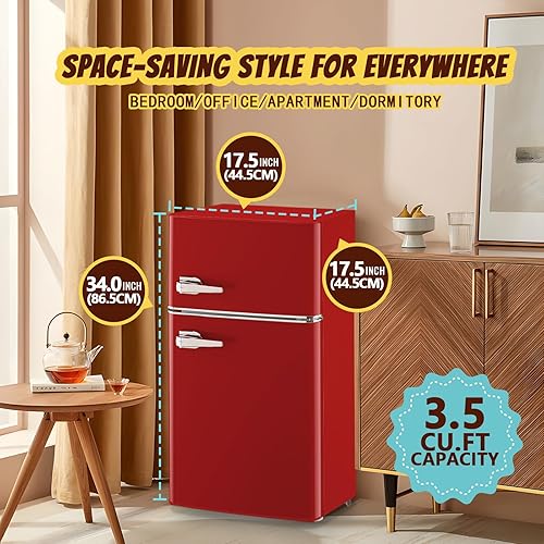 Miniatura 8 de Nevera pequeña con congelador Mini refrigerador de doble puerta Estantes de vidrio extraíbles 7 Temp Gear Mango desmontable Rojo