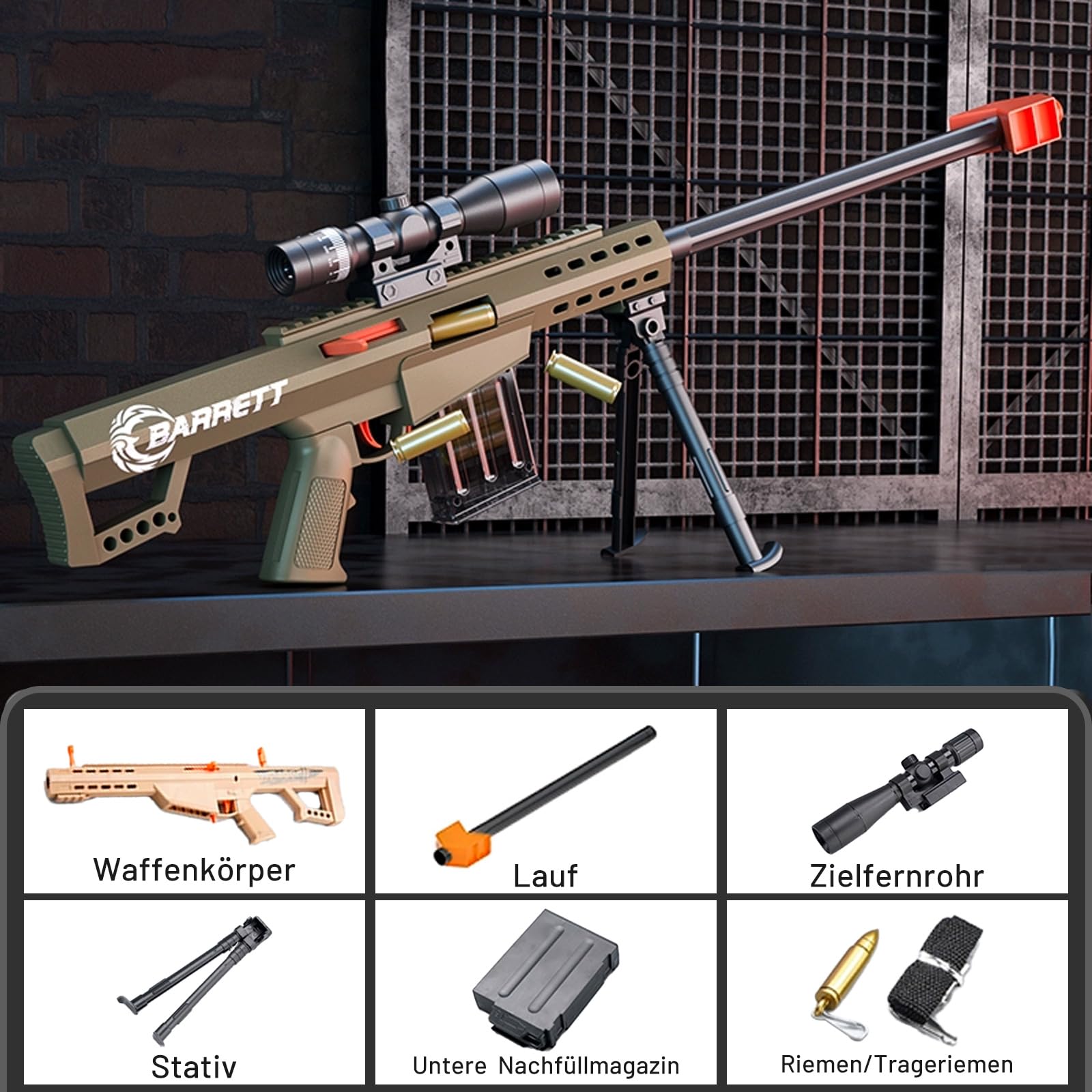 Barrett 98k Hülsenwerfer Soft-Head-Spielzeugscharfschützengewehr für Kinder | Realistisches Modell mit Soft-Head-Munition | Inkl.10 Hülsen | Alter 3+ (Sand)