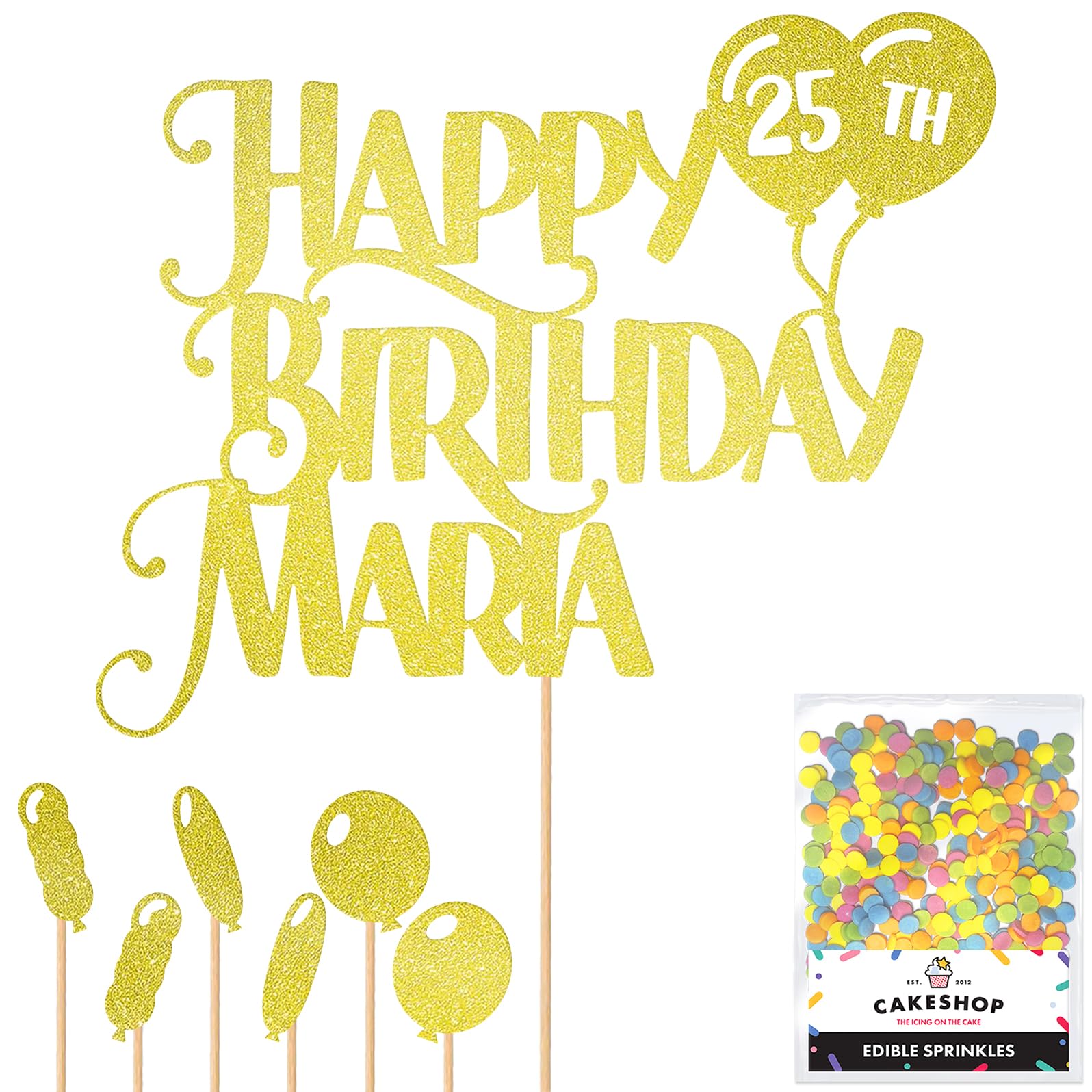 Personalised Happy Birthday Glitter Cake Topper inc Balloons - Champagne Any Name & Age Glitter Cake Decoration and Sprinkles - Happy Birthday Decorations - Personalised Toppers for Cakes by Cakeshop