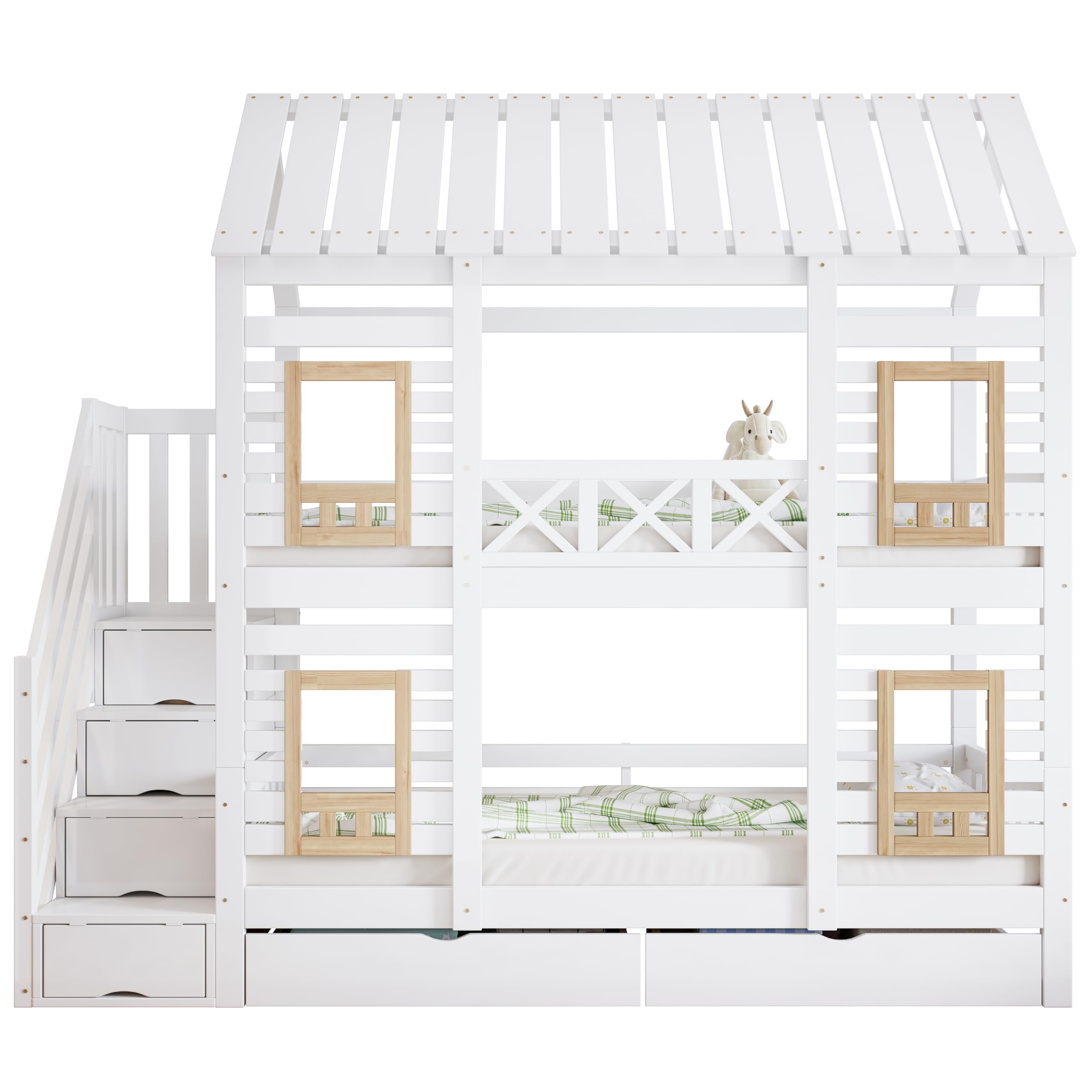Kinderbett Etagenbett 90 x 200, Hausbett für 2 Kinder, Hochbett mit Lattenrost, Treppe mit 4 Ablagefächern, Rausfallschutz, Zwei Schubladen mit Rollen, Baumhaus Bett mit Fenster und Dach
